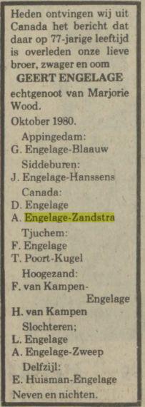overlijdensadvertentie geert engelage on 17 Oct 1980.